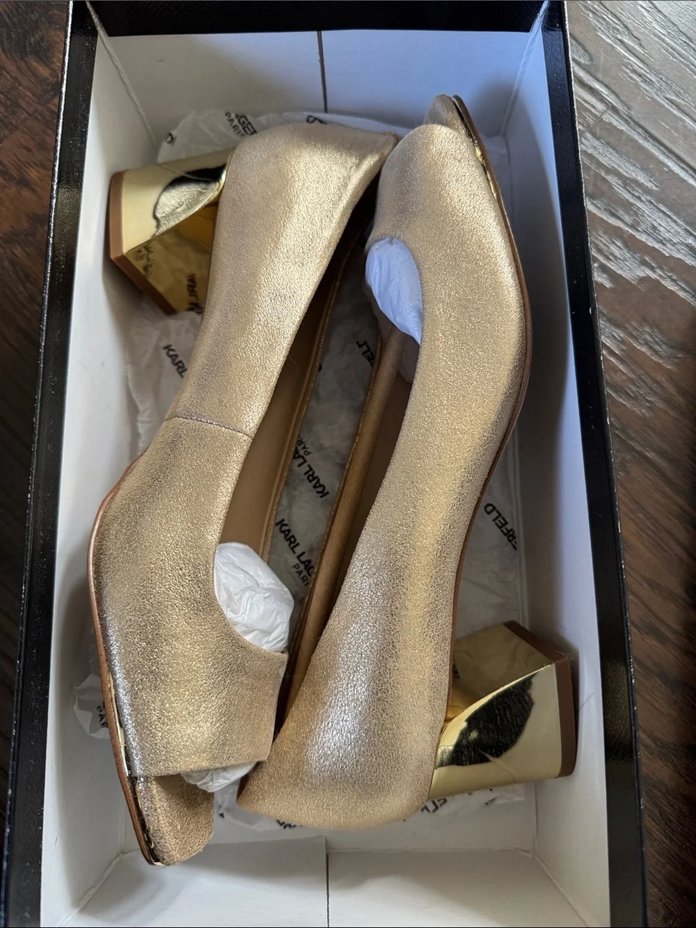 Karl Lagerfeld Metallic Suede Gold Square-Toe Block Heel